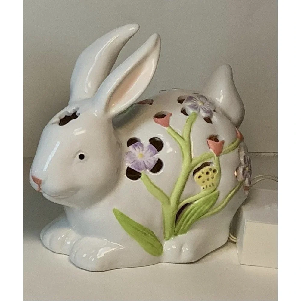 2 Hand Painted‎ Porcelain Rabbit-Bunny Figurines with Lights Easter So Pretty !